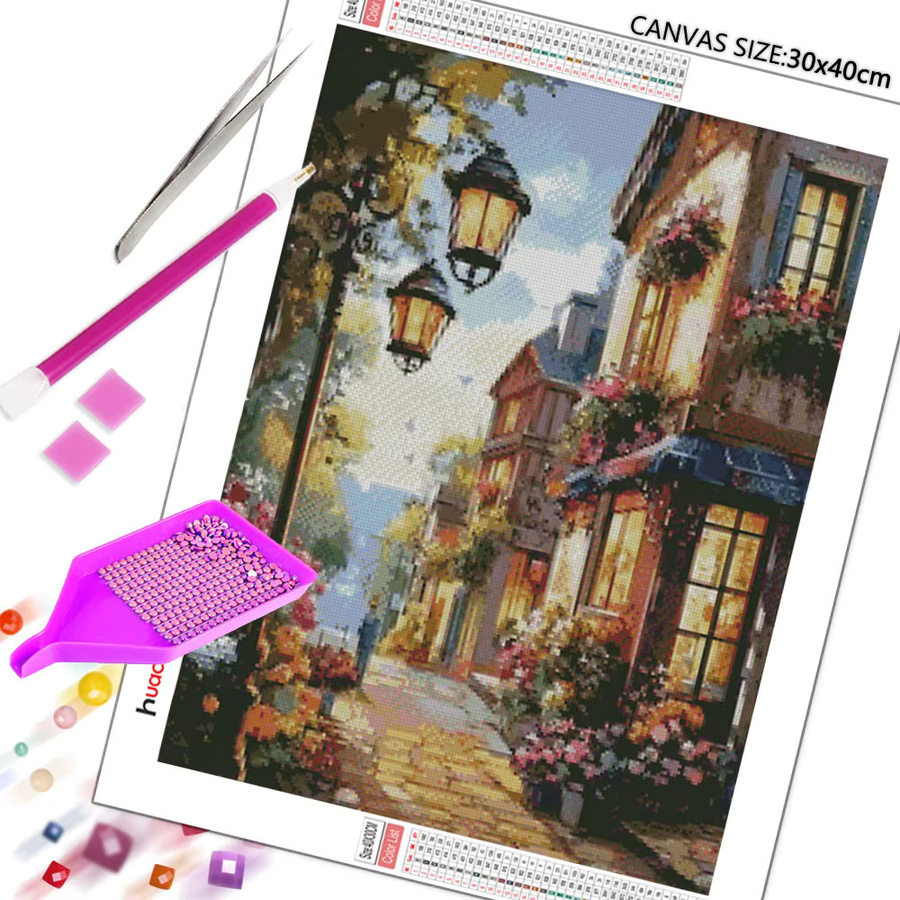 Huacan Diamantmalerei Set Landschaft und Blumen mit Rundsteinen in Mehrfarbig, B/H: 30 x 30 cm - Bild 2