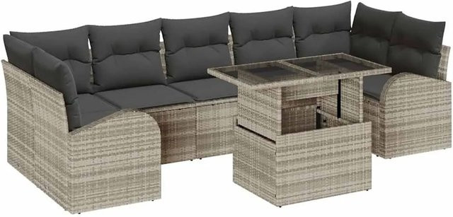 vidaXL 8-teiliges Garten-Sofa-Set aus Polyrattan mit Kissen und Couchtisch, Hellgrau - Bild 1