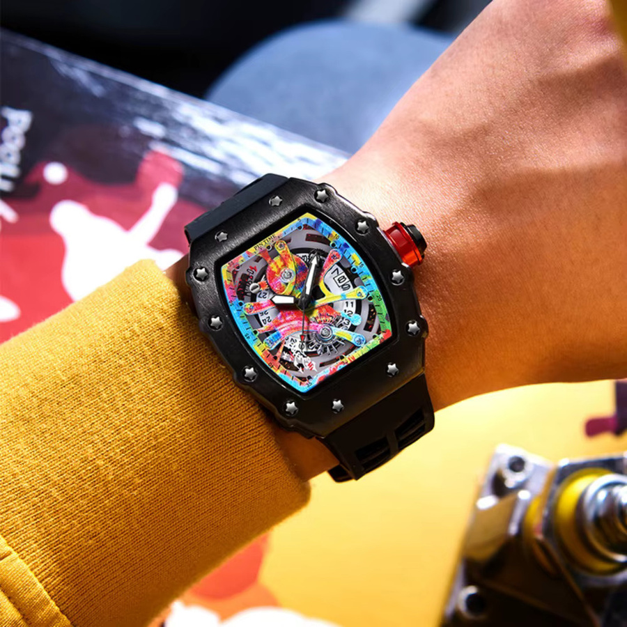 ZBJP Armbanduhr Tonneau, Quarz, Silikon, Schwarz, Herren - Bild 3