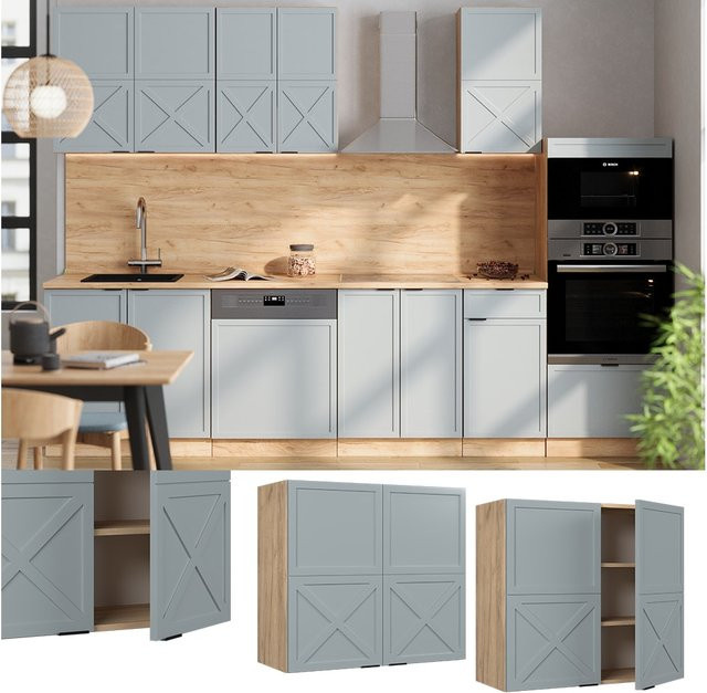 Vicco Hängeschrank Fame-Line Glashängeschrank in Hellblau-Grau mit Eiche Korpus und Soft-Close-Scharnieren Breite: 80 cm - Bild 1