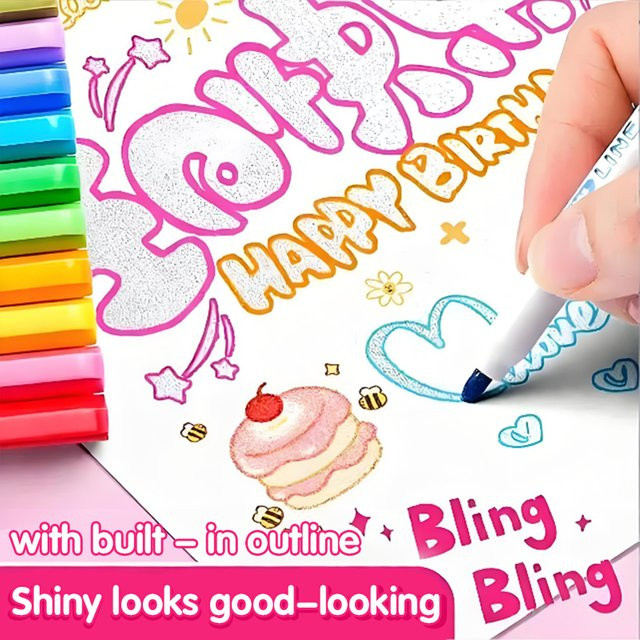 Double Line Outline Textmarker Set in Multicolour mit Magic Glitter Effekt für kreative Zeichnungen - Bild 1