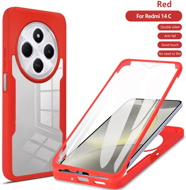 Stoßfeste 360 Grad Handyhülle für Xiaomi Redmi 14C 4G 5G und 14R 5G mit integriertem Displayschutz und transparenter Rückseite in Grün - Bild 1