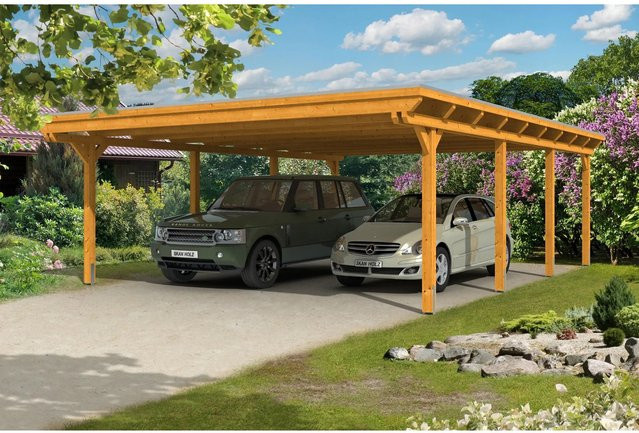 Skan Holz Carport Emsland aus Fichte Leimholz in Eiche Hell mit flacher Dachform und EPDM-Dach, Breite: 613 cm, Höhe: 248 cm - Bild 1