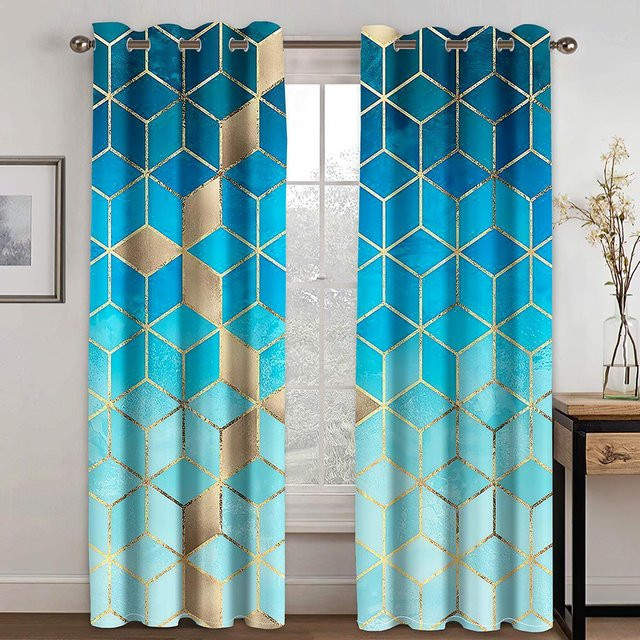2er-Set halbtransparente Vorhänge von A Family Of Home Textiles mit abstraktem geometrischem Muster in Blau, Material Polyester, B/H: 70 x 245 cm - Bild 1