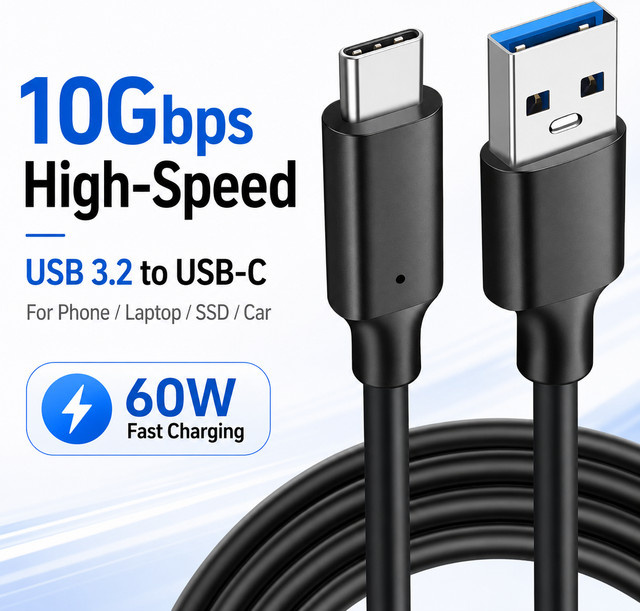 USB 3.2 zu USB-C Kabel Schwarz mit 10Gbps Datenübertragung und 60W Schnellladung für Handy, Laptop und SSD - Bild 1