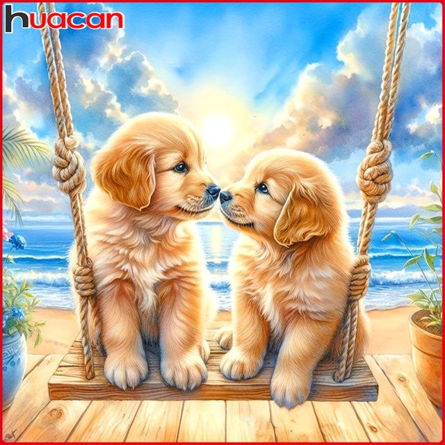 Huacan 5D-Diamantgemälde Set Hund im Sonnenuntergang als Tierlandschaft zum Selbermachen, Mehrfarbig, B/H: 20 x 20 cm - Bild 1