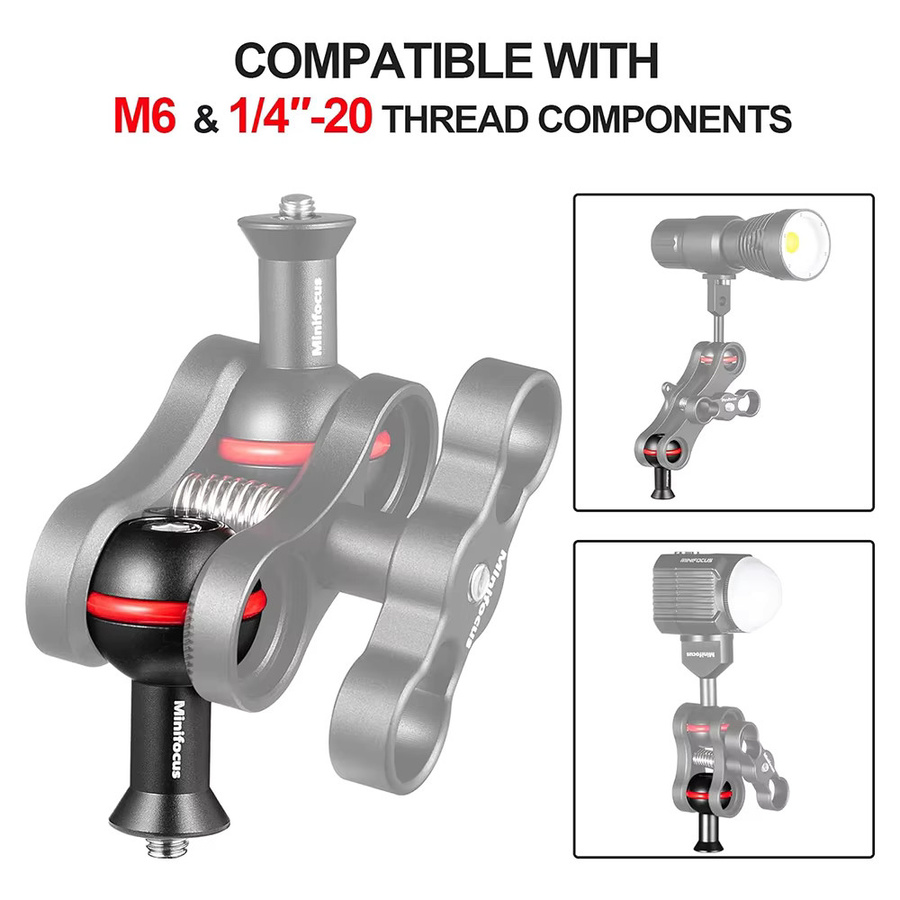 MINIFOCUS Kugeladapter mit M6 und 1/4 Zoll Schraube für Unterwasserhalterungen und Taschenlampenarme, Schwarz - Bild 2