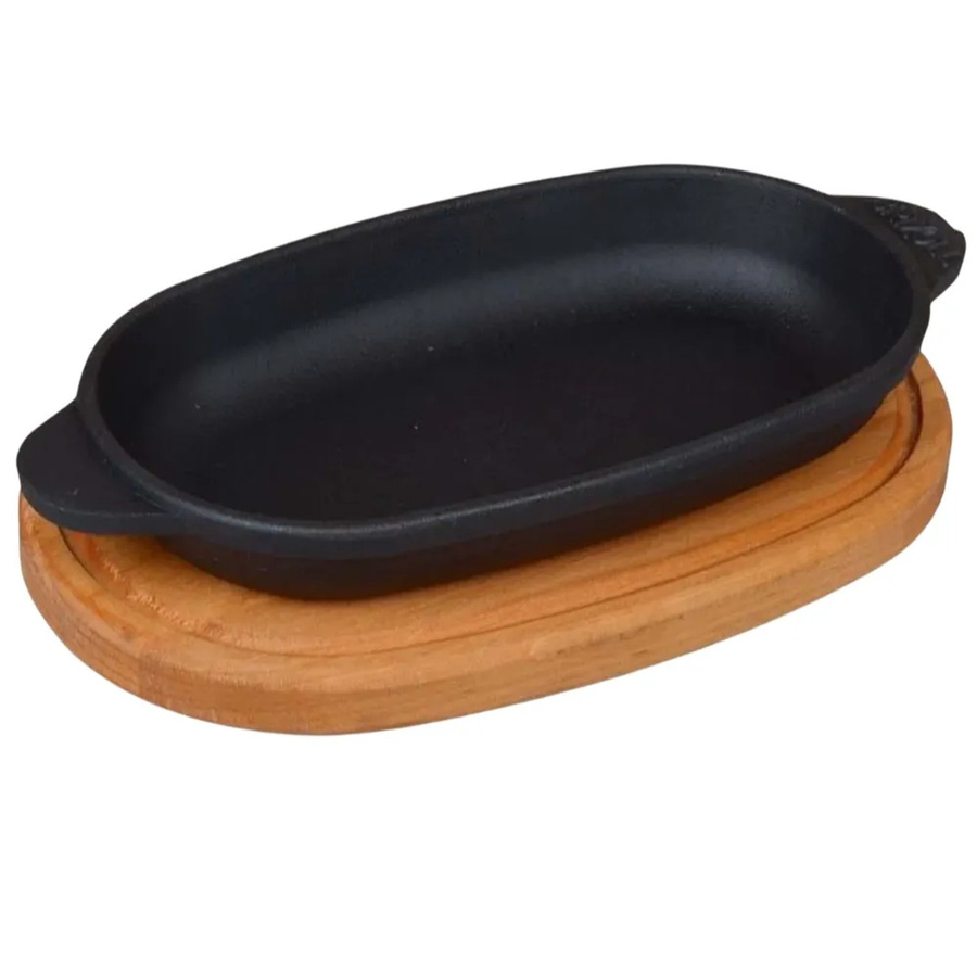 DELUKE Servierpfanne LUDI aus Gusseisen in Schwarz mit Holzuntersetzer, ovale Grillpfanne für Backofen und Grill, B: 22 cm, H: 14 cm, T: 2 cm - Bild 2