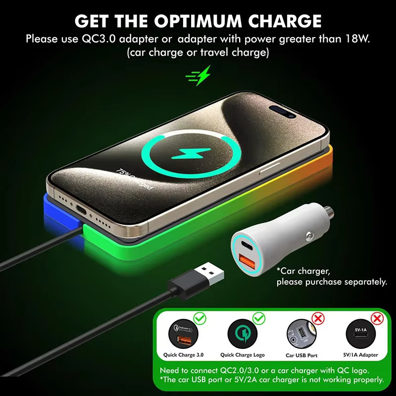 XIKCU Magnetisches kabelloses Auto-Ladegerät mit RGB-Licht und rutschfester Ladestation in Schwarz Multicolour für iPhone 17 16 Samsung Xiaomi und AirPods mit Schnellladefunktion - Bild 3