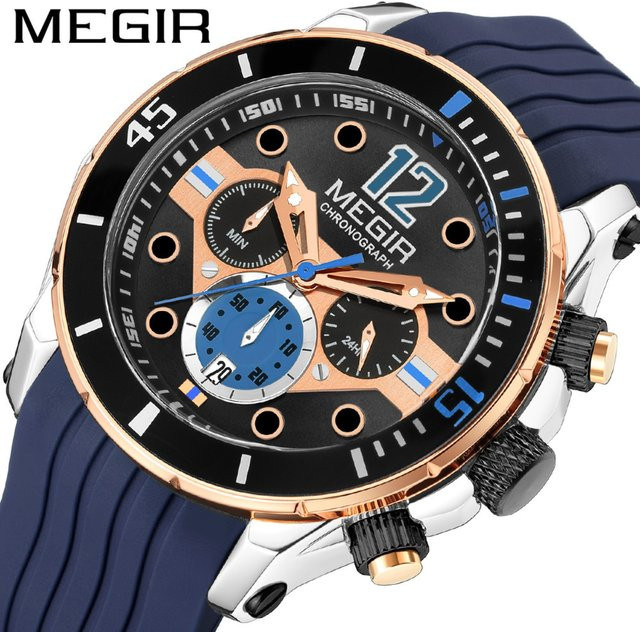 MEGIR Chronograph, Quarzuhr, Silikonarmband, Schwarz, Herren - Bild 1