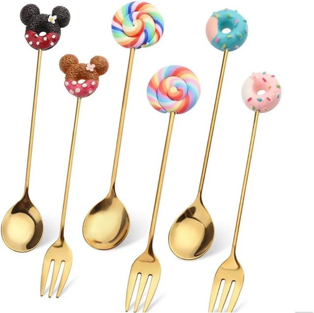 4-teiliges FEB.WIND Besteckset aus Edelstahl in Gold mit Teelöffeln und Gabeln in Cartoon- und Donut-Design - Bild 1