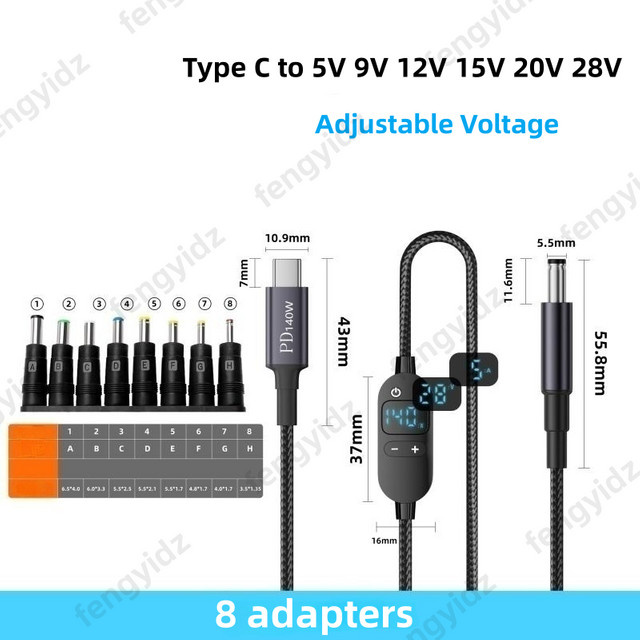 Fengyidz USB-C zu DC Stromverstärker-Kabel 140W in Schwarz, einstellbarer Spannungsadapter für Laptop und Router mit 5V 9V 12V 15V 20V 28V - Bild 1