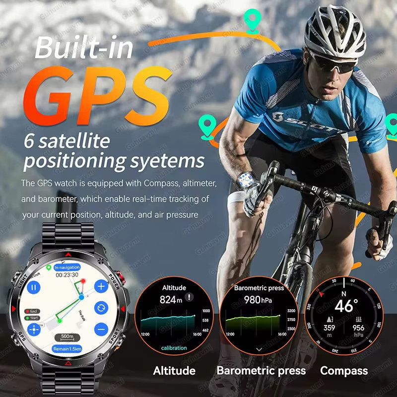 GUHUAVMI Militärische GPS-Smartwatch mit 1,43 Zoll Display, 3ATM Wasserdicht, Kompass, NFC und HD-Anruffunktion in Schwarz - Bild 2