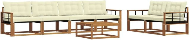 vidaXL Outdoor-Sofagarnitur 7-teilig aus Akazienholz und Textilene in Natur und Creme mit Kissen - Bild 1