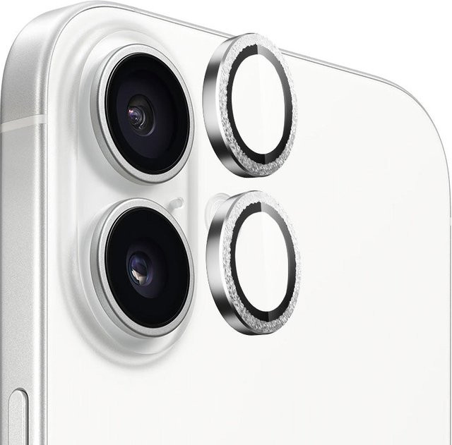 Blueo Glitter Diamond Schutzfolie für die Rückkamera aus gehärtetem Glas mit Metallrahmen für Apple iPhone 16 Plus und iPhone 16, Silber - Bild 1