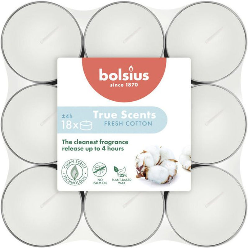Bolsius Duft-Teelichter True Scents Fresh Cotton aus veganem Wachs, 18er Pack, Weiß - Bild 1