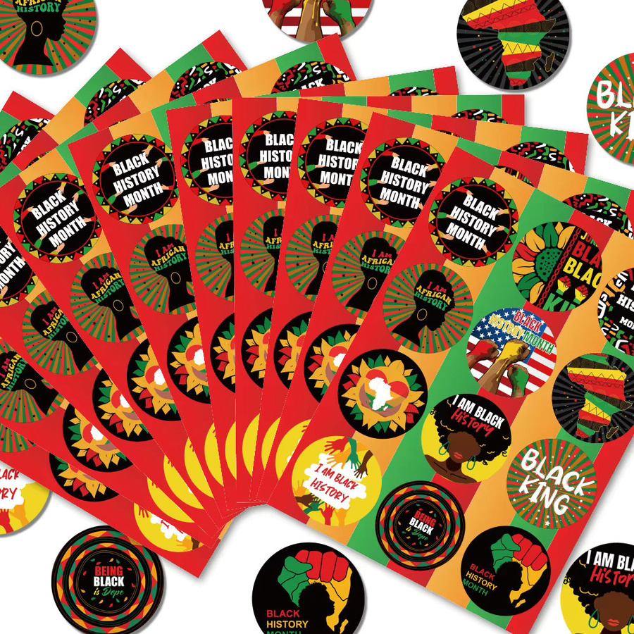10 Stück selbstklebende Aufkleber mit Black History Month Motiv in Schwarz und Multicolour, runde Papieraufkleber mit abstrakten Mustern und Buchstaben zur Dekoration - Bild 3