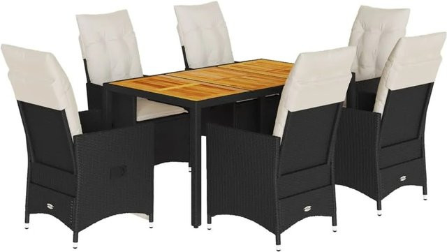 vidaXL 7-teilige Garten-Essgruppe aus schwarzem PE-Rattan und Akazienholz mit Kissen - Bild 1