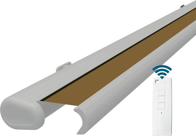 Eclipse Elektrische Kassettenmarkise mit Gelenkarm und Fernbedienung, Weiße Kassette, Sandfarbenes Tuch, B: 450 cm, H: 300 cm - Bild 1