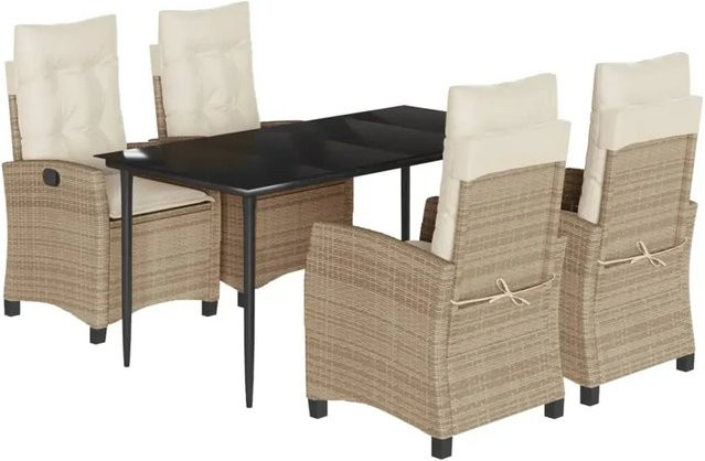 vidaXL 5-teilige Garten-Essgruppe aus Poly Rattan und pulverbeschichtetem Stahl mit Kissen in Beige und Cremeweiß - Bild 1