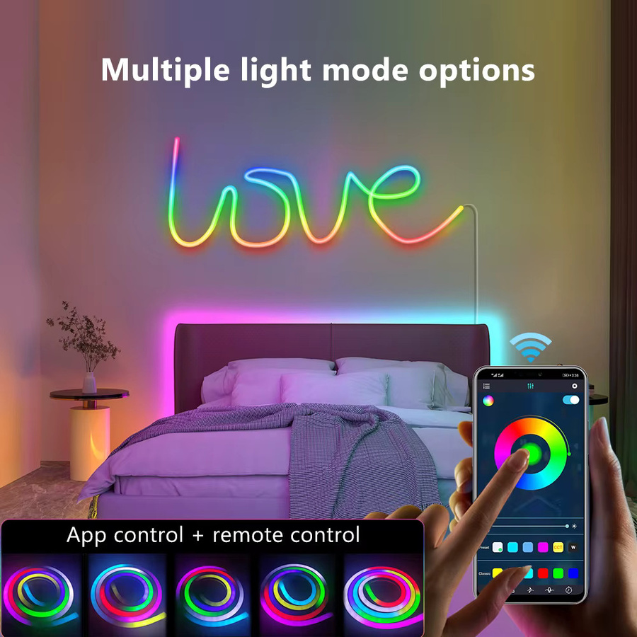 Mexllex RGBIC Neon-LED-Streifen wasserdicht und flexibel mit App-Steuerung, Fernbedienung und Musiksynchronisierung zur DIY-Wanddekoration - Bild 2