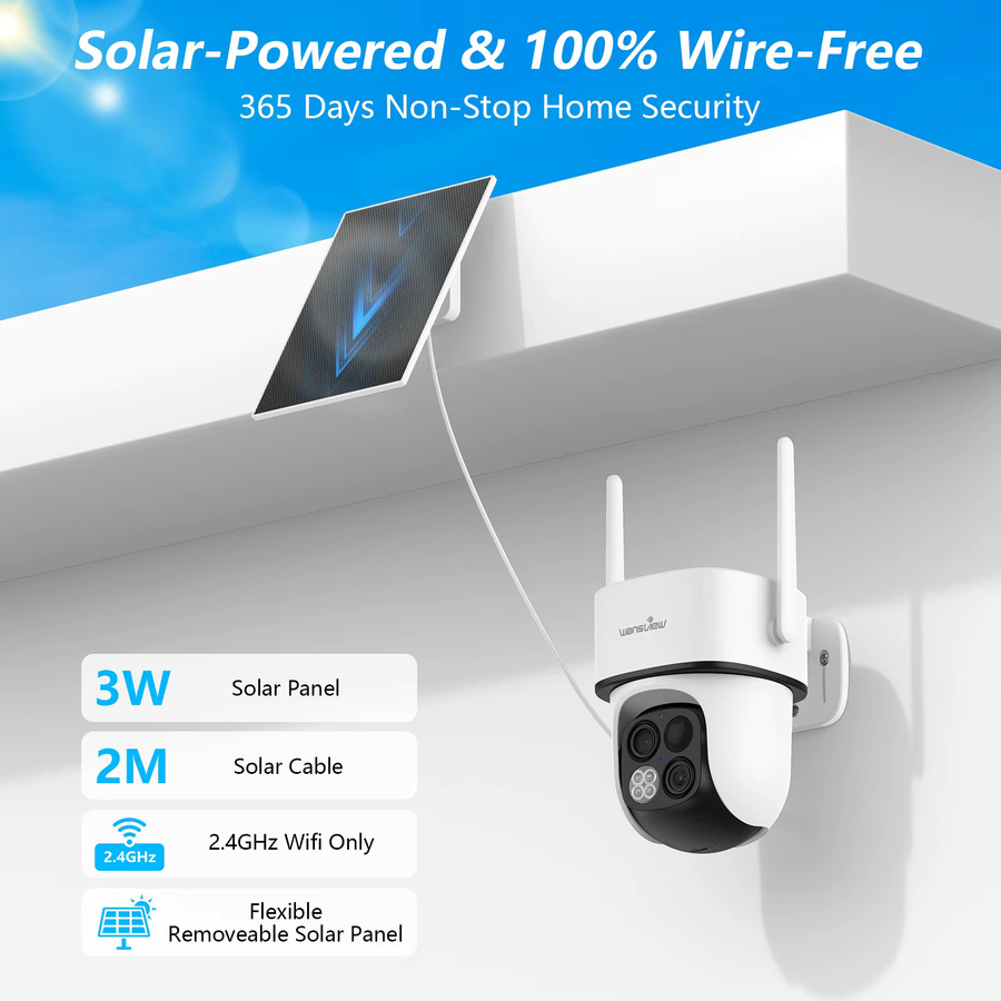 Wansview Dual-Objektiv 2K Solar-Überwachungskamera für den Außenbereich, kabellose WLAN PTZ Akku-Kamera mit PIR-Bewegungserkennung, Farb-Nachtsicht, Zwei-Wege-Audio und IP65 wasserdicht, Weiß - Bild 7