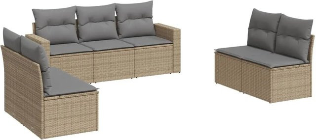 vidaXL 7-tlg Garten-Sofagarnitur in L-Form aus Poly Rattan mit Kissen in Beige und Grau - Bild 1