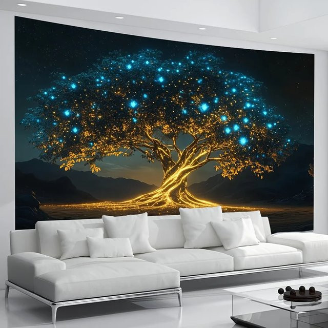 VIKAMA Wandteppich mit leuchtendem Fantasiewald und goldenem Stamm, abstrakte Wanddekoration in Gold und Multicolour, B/H: 40 x 40 cm - Bild 1
