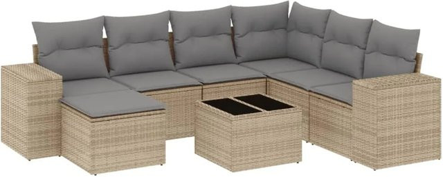 vidaXL 8-teilige Garten-Sofagarnitur in L-Form aus Poly-Rattan mit Kissen in Beige und Grau - Bild 1