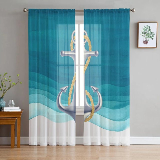 Yiran Furniture Transparenter Vorhang mit blauem Aquarell-Farbverlauf aus Voile und Organza, Breite: 135 cm, Höhe: 115 cm - Bild 1