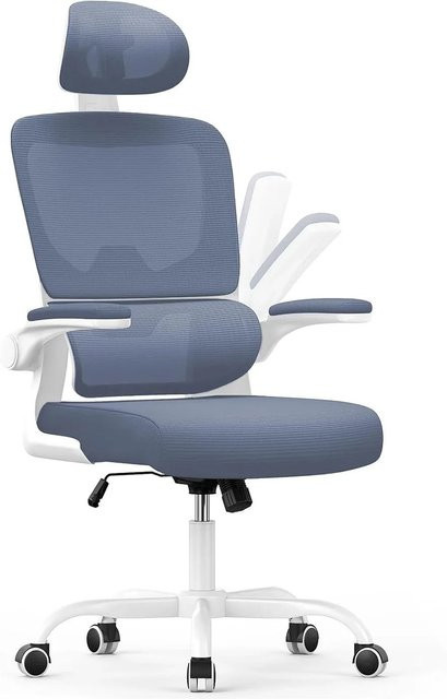 Rattantree Ergonomischer Drehstuhl mit Wippfunktion, Kopfstütze und Klapparmlehnen in Weiß und Dunkelblau - Bild 1