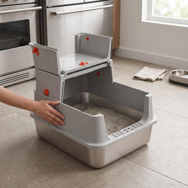 Igeteck Geschlossene Edelstahl Katzentoilette mit Schaufel und Geruchskontrolle in Grau, B/T/H: 44,0 x 34,0 x 30,0 cm - Bild 1