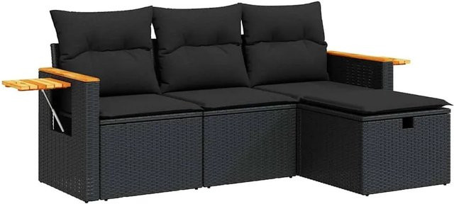 vidaXL 4-tlg Garten-Sofagarnitur aus Polyrattan und Akazienholz in Schwarz mit Kissen und Stauraum - Bild 1
