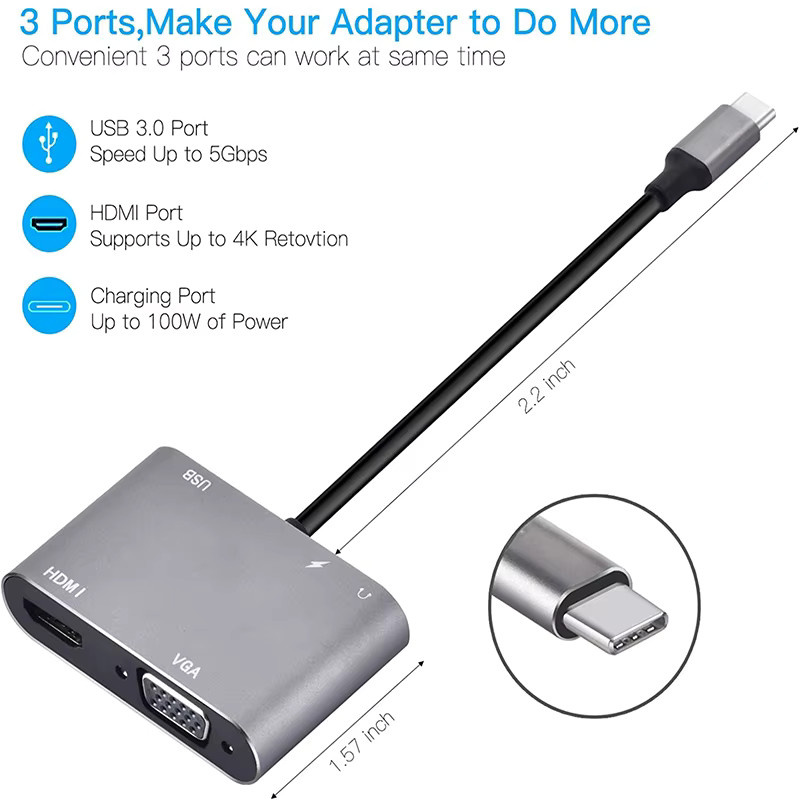 OULLX USB C Hub 4 in 1/5 in 1 Typ C Adapter mit HDMI 4K UHD, VGA und USB 3.0 sowie PD Schnellladefunktion in Grau - Bild 4
