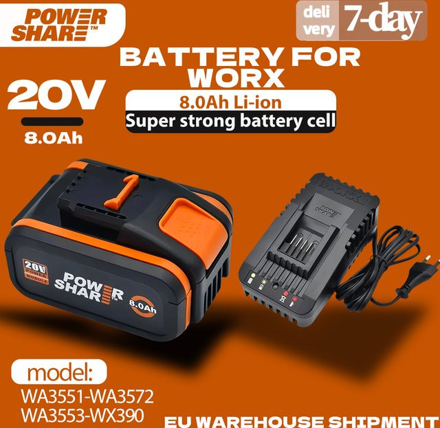 WORX 20V 8,0Ah Hochleistungsakku Li-Ion für alle WORX Elektrowerkzeuge, Modell WA3553 WA3551 WA3553.1 WA3570, Schwarz - Bild 1