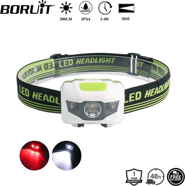 BORUiT Mini-Stirnlampe mit weißer und roter LED, 200 lm, wasserdicht, für Camping und Wandern, mit AAA-Batterie - Bild 1