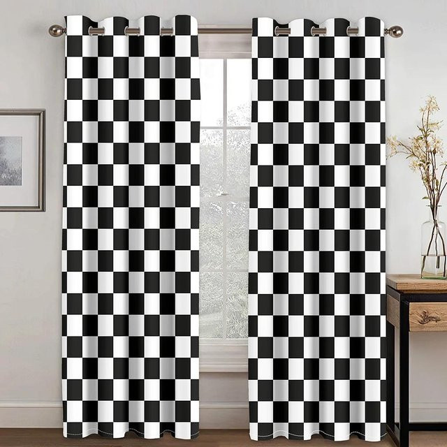 2er-Set Vorhang mit Schachbrettmuster in Schwarz und Weiß, geometrisches Design für Wohnzimmer, Schlafzimmer oder Küche, halbtransparent, Polyester, Breite: 60 cm, Höhe: 50 cm pro Stück - Bild 1