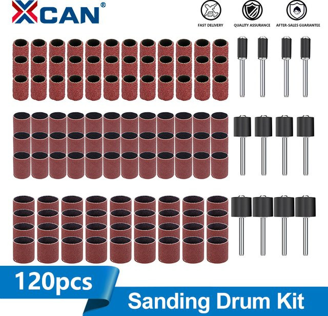 XCAN 120-teiliges Schleiftrommelset mit Schleifbändern und Sanddornen für Dremel-Rotationswerkzeuge, Körnungen 60, 80, 120 und 320 - Bild 1