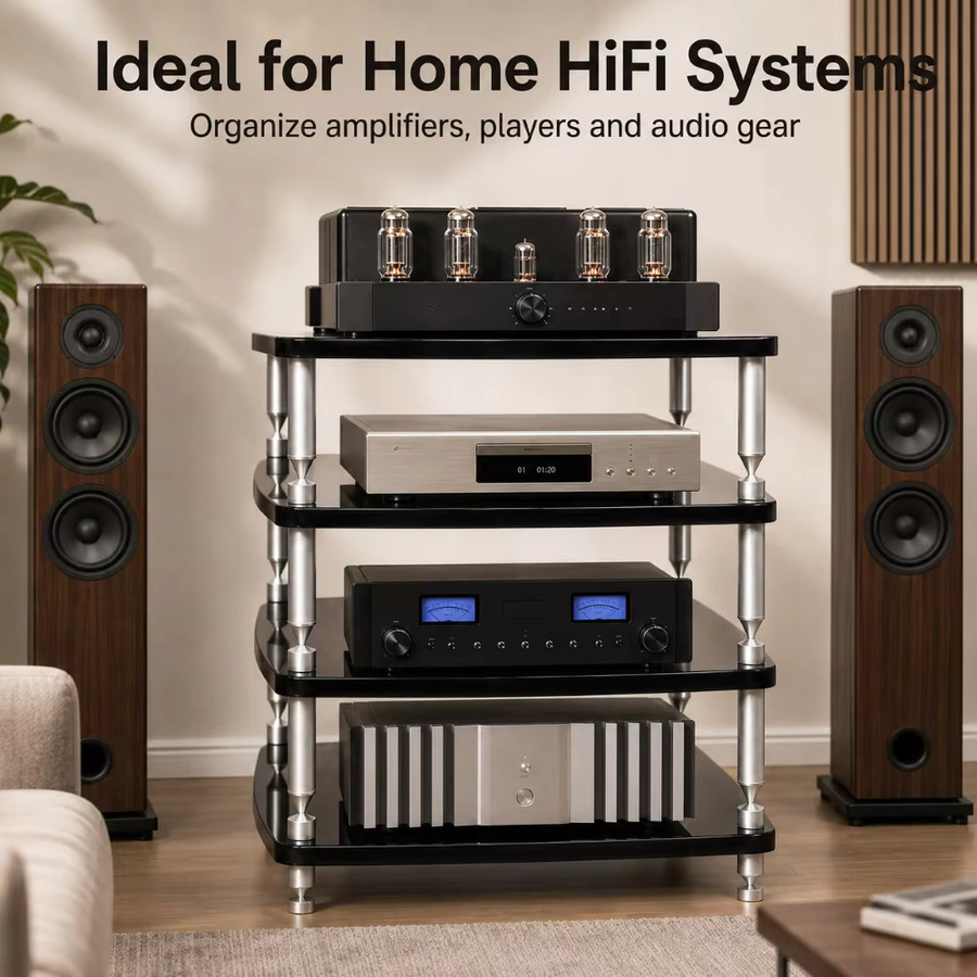 PIVASY HiFi-Audiorack in Schwarz mit Klavierlack-Finish und höhenverstellbaren Aluminium-Stoßdämpfern für Studiomonitore und Heimkinosysteme - Bild 5
