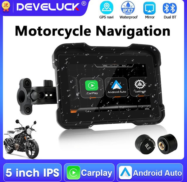 Develuck Tragbarer 5-Zoll-Motorrad-GPS-Navigator mit Wireless CarPlay und Android Auto, IPX7 wasserdicht, Bluetooth und TPMS-Unterstützung, Schwarz - Bild 1