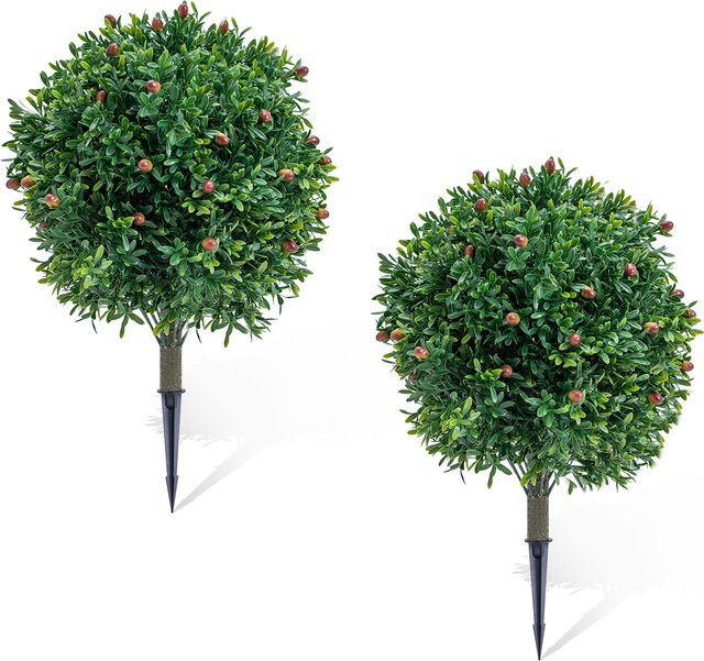 HiMISS Set aus 2 künstlichen Topiary-Kugelbäumen mit Bodenspieß, UV-beständige Grünpflanzen in Grün, Höhe: 65 cm - Bild 1