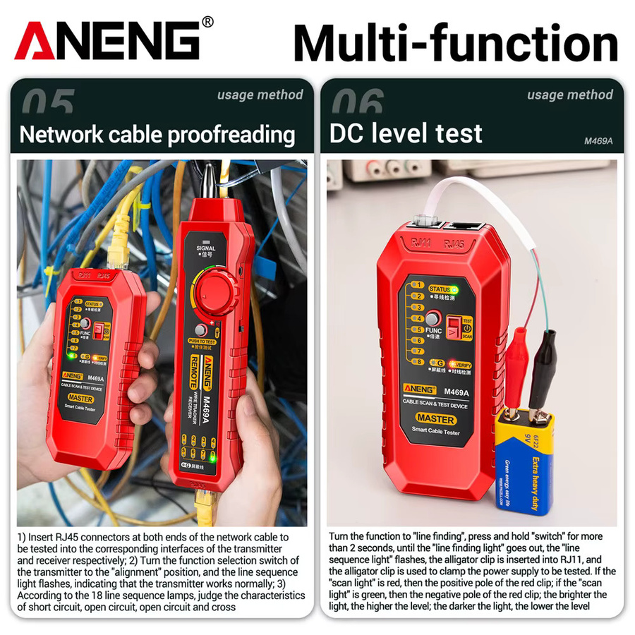 ANENG M469A Netzwerkkabel-Finder und -Tester für RJ45 und RJ11 in Rot - Bild 3