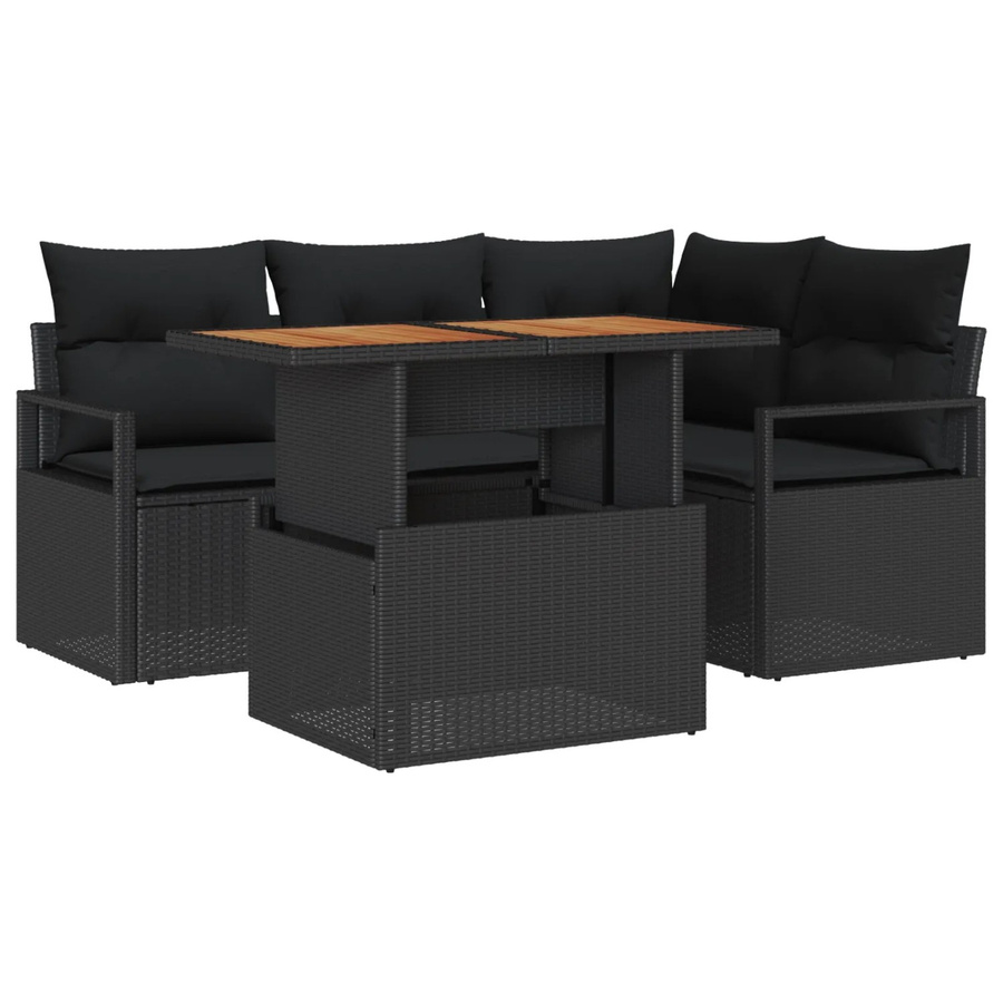 vidaXL 5-tlg. Garten-Sofa-Set aus Poly-Rattan in Schwarz mit L-Form, Ecksofa, Mittelsofa, Armsofa, Gartentisch und passenden Polyesterkissen inklusive integriertem Kissenstaufach - Bild 2