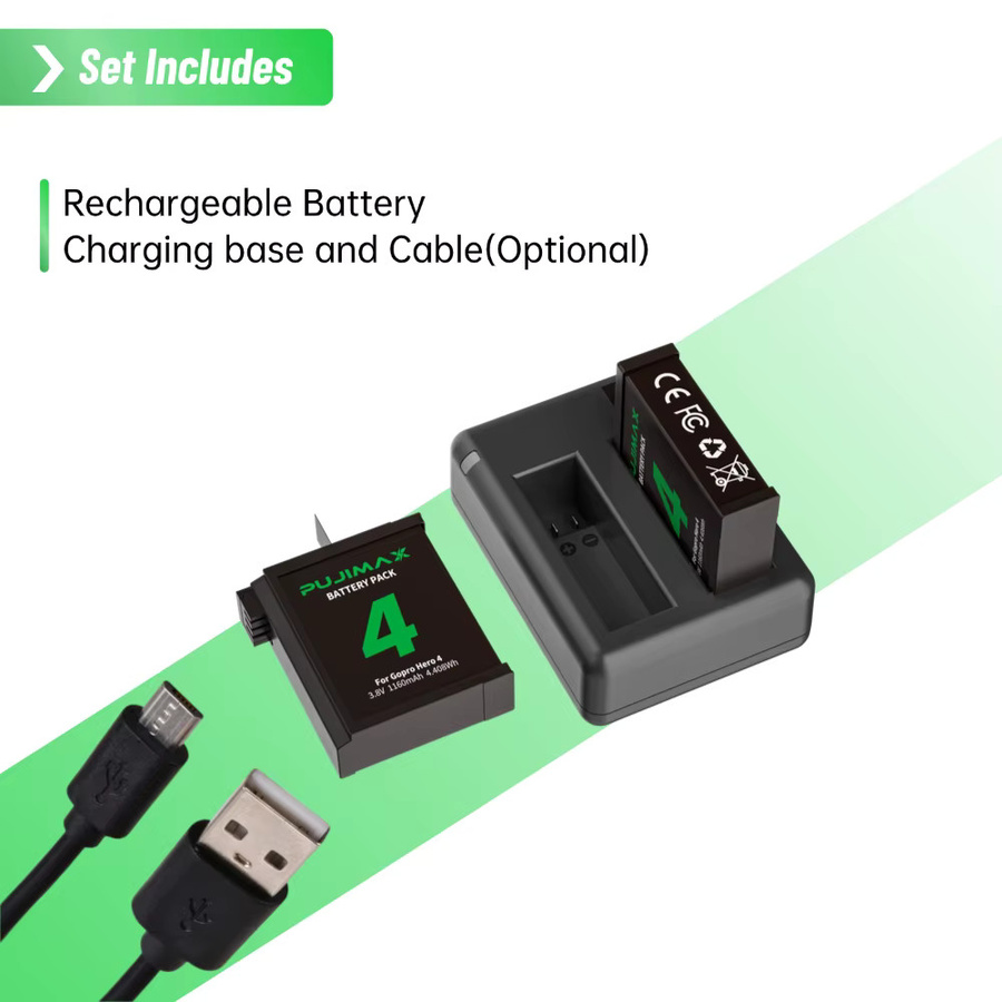 PUJIMAX Akku und Speicherladegerät Set für GoPro Hero 4 Action-Kamera, 1160mAh Lithium-Batterie, Schwarz - Bild 4