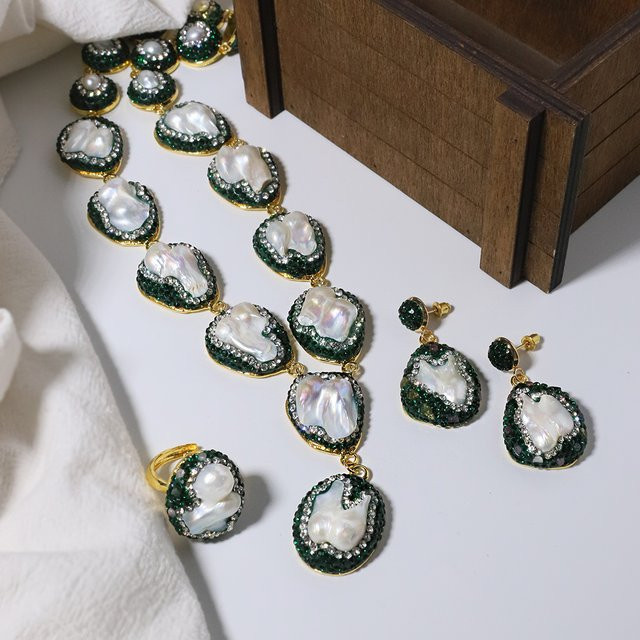 GLSEEVO Schmuck-Set, Perle, Grün, Gold, Messing, Damen - Bild 1