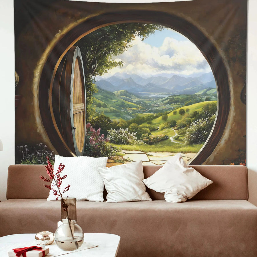 VIKAMA Hobbit Shire Rundfenster Wandteppich mit Welt-Hintergrundtuch in Multicolour zur Raumdekoration - Bild 3