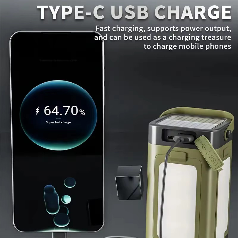 XIWANGFIRE Solar-LED-Leuchte mit Typ-C Akku und Powerbank-Funktion, weiße tragbare Campinglampe mit Haken für Outdoor, Wandern und Angeln - Bild 6