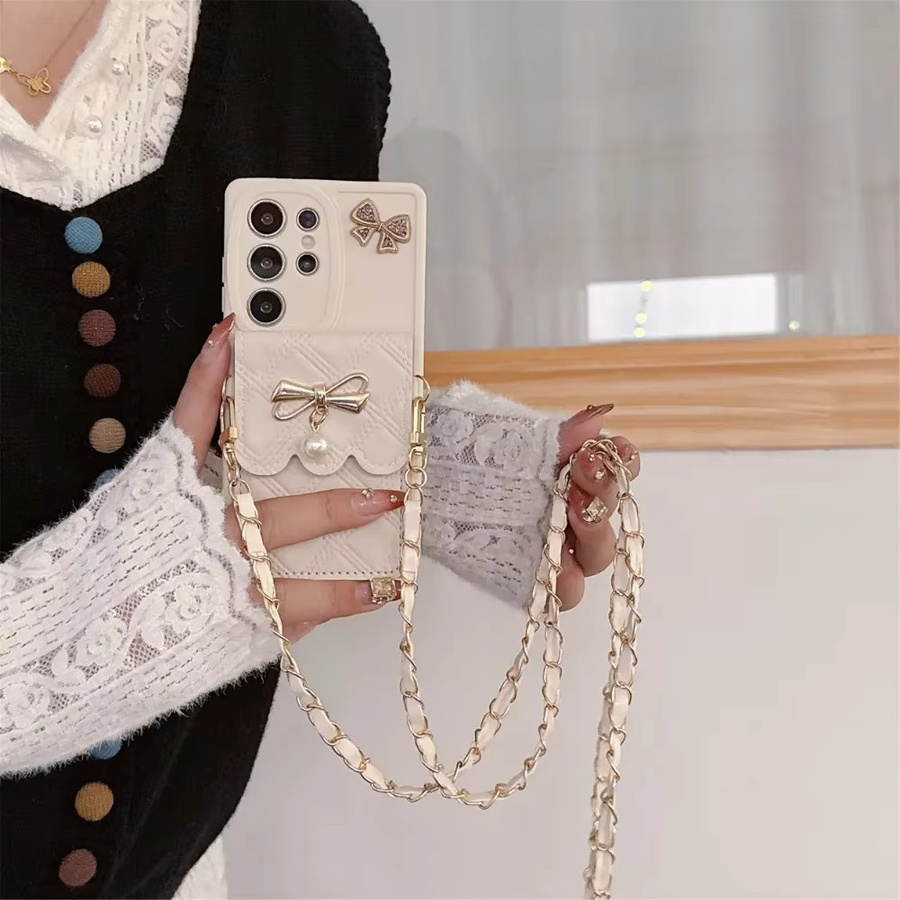 Samsung Crossbody Handyhülle mit 3D Schleifenknoten und Kartenhalter Brieftasche in Weiß für verschiedene Galaxy Modelle - Bild 3