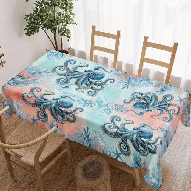 JINGYUE Pet Rechteckige Tischdecke Ozean Oktopus in Blau, Wasserdicht und Wiederverwendbar, B/T: 140 x 140 cm - Bild 1