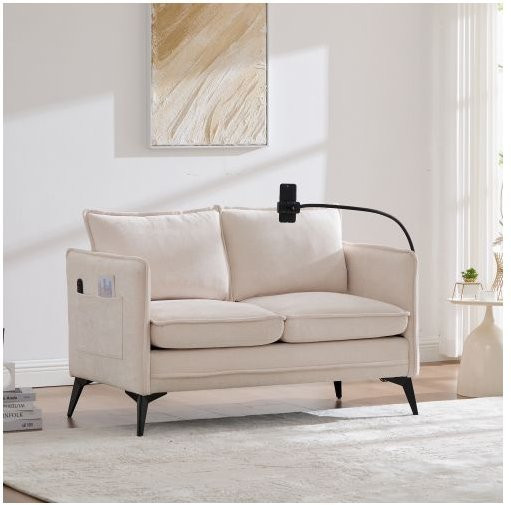 Modernes Doppelsofa MUVOE in Beige mit Stoffbezug, Seitenablage und verstellbarer Handyhalterung sowie USB-Ladefunktion - Bild 1
